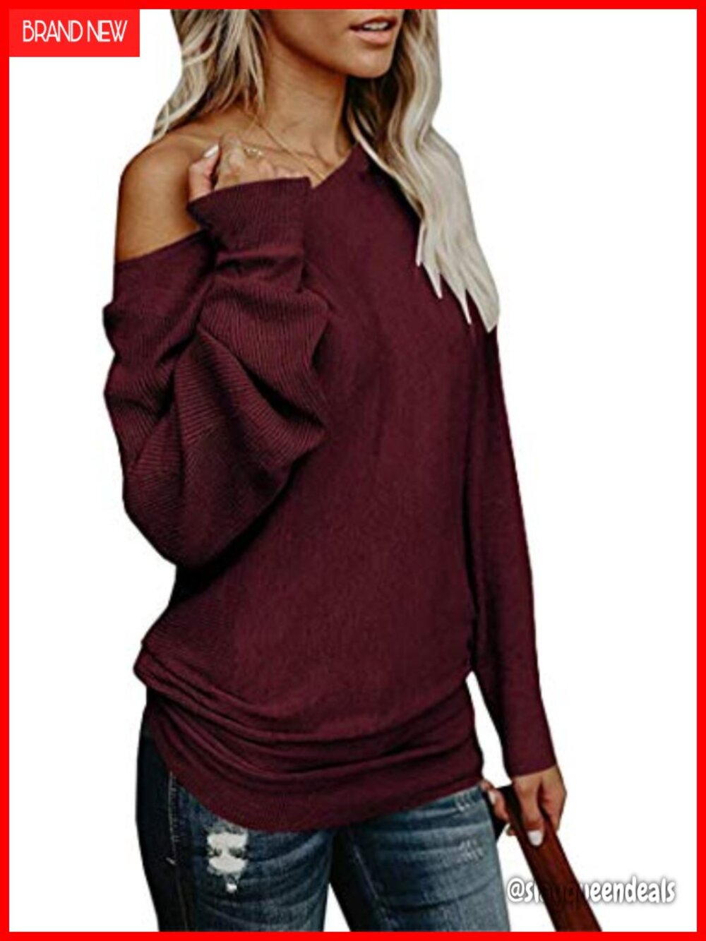 Off Shoulder Oversized Knit Sweater Batwing Long Sleeve Tunic Pullover